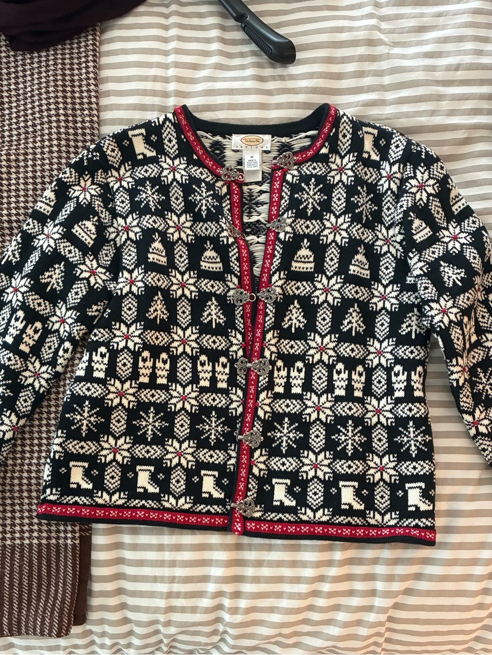 Talbots Black & Cream Nordic Holiday Cardigan with Red Trim